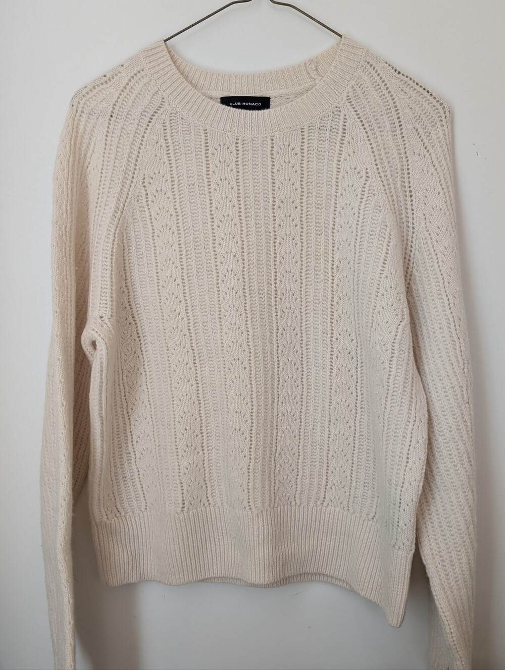 Club Monaco Crew Neck Sweater, 100% Wool Cream Pointelle Rib Knit Sz S
